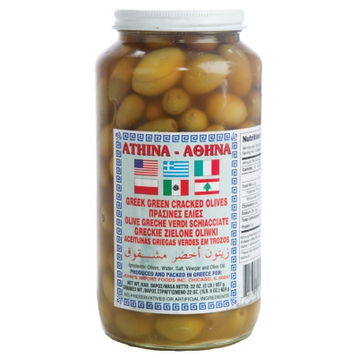 GREEK GREEN CRACKED OLIVES, LARGE